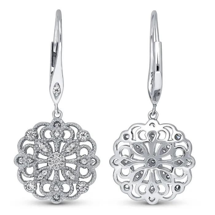 Flower Filigree CZ Leverback Earrings in Sterling Silver BERRICLE Earrings