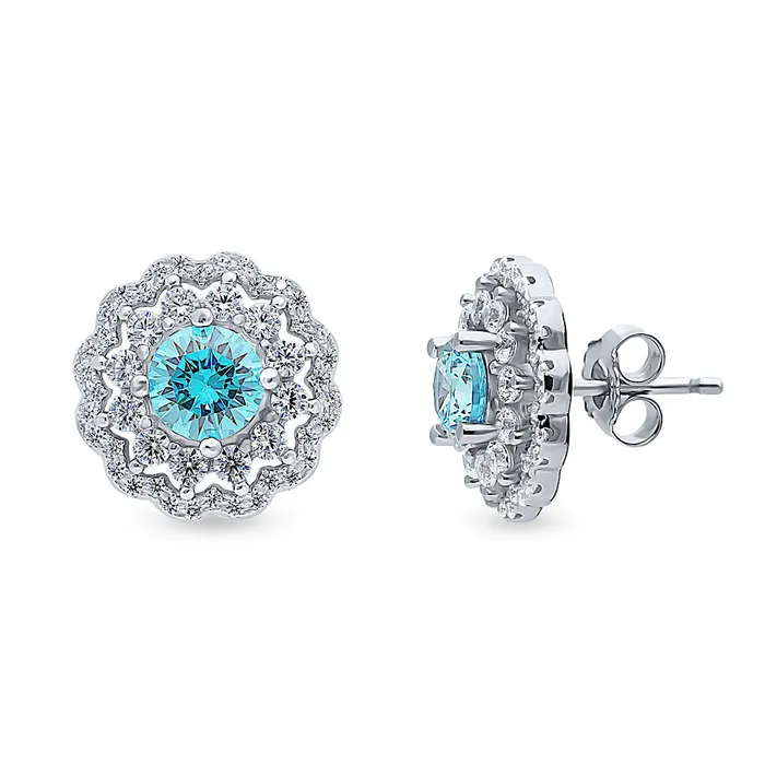 Flower Halo Blue CZ Stud Earrings in Sterling Silver BERRICLE Earrings
