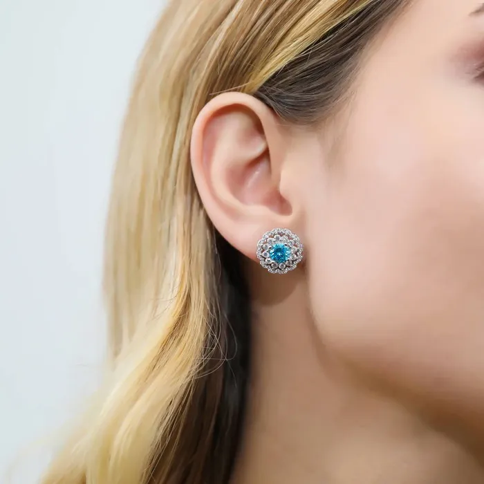 Flower Halo Blue CZ Stud Earrings in Sterling Silver BERRICLE Earrings