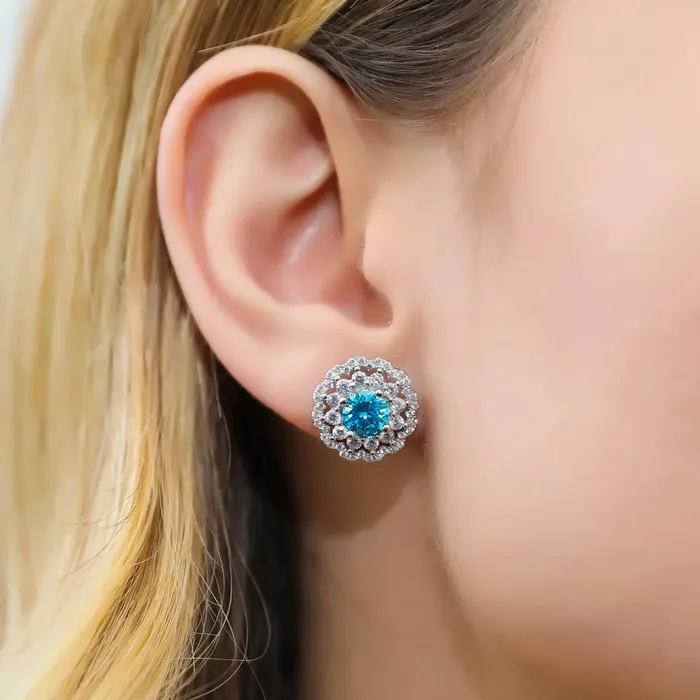 Flower Halo Blue CZ Stud Earrings in Sterling Silver BERRICLE Earrings