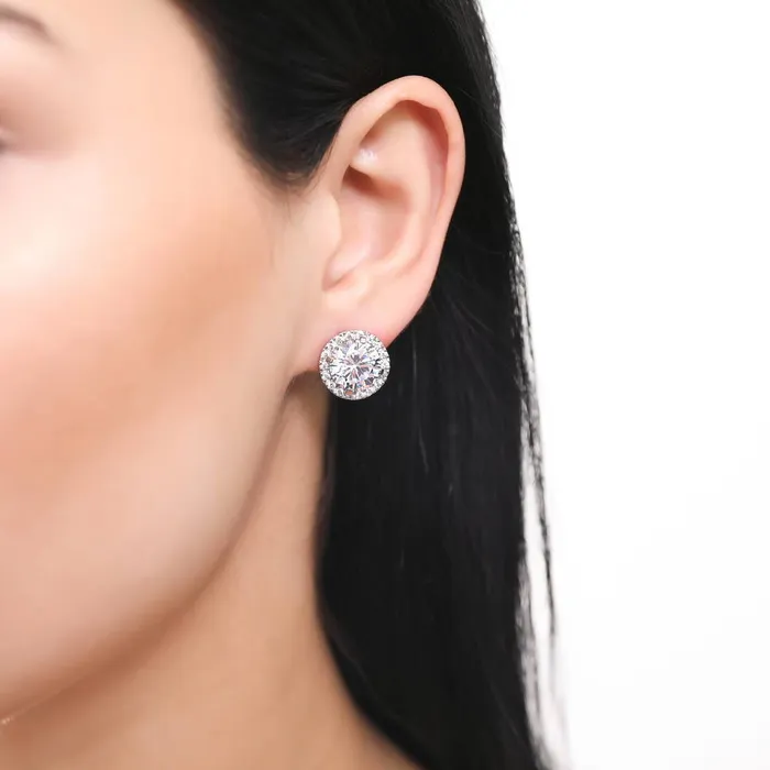 Halo CZ Omega Back Stud Earrings in Sterling Silver BERRICLE Earrings