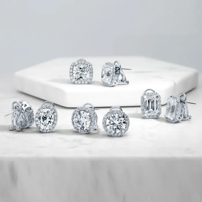 Halo CZ Omega Back Stud Earrings in Sterling Silver BERRICLE Earrings
