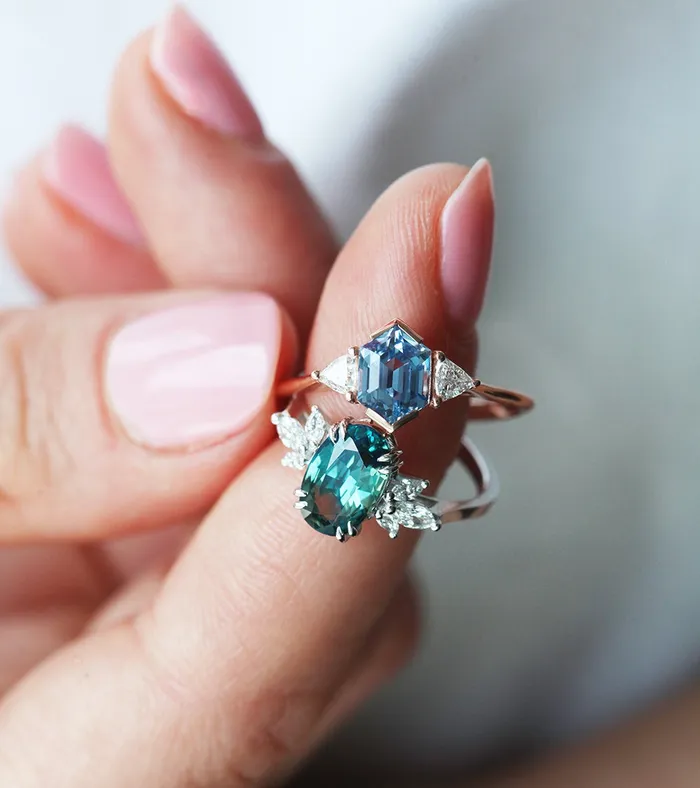 Harlow Teal Sapphire Diamond Ring Capucinne Rings