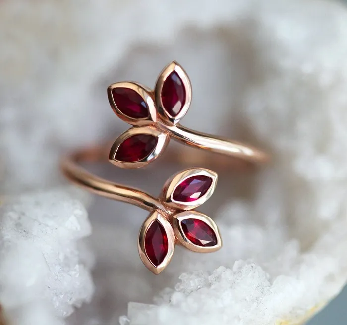 Marsha Floral Marquise Ruby Wrap Open Ring Capucinne Rings