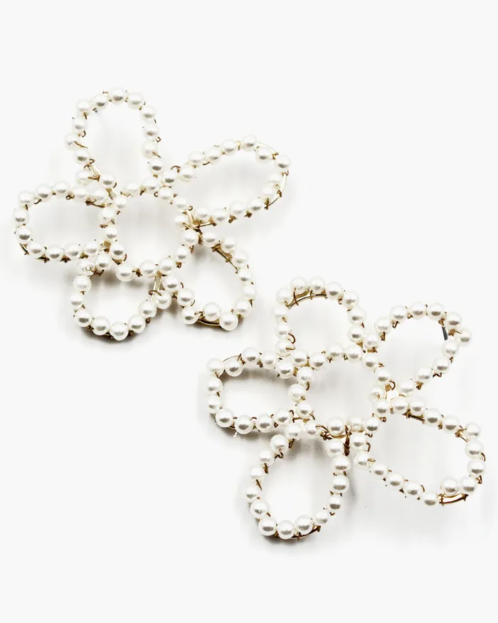 Metal Flower Earrings with Wired On Pearl Beads 01102024 Earrings