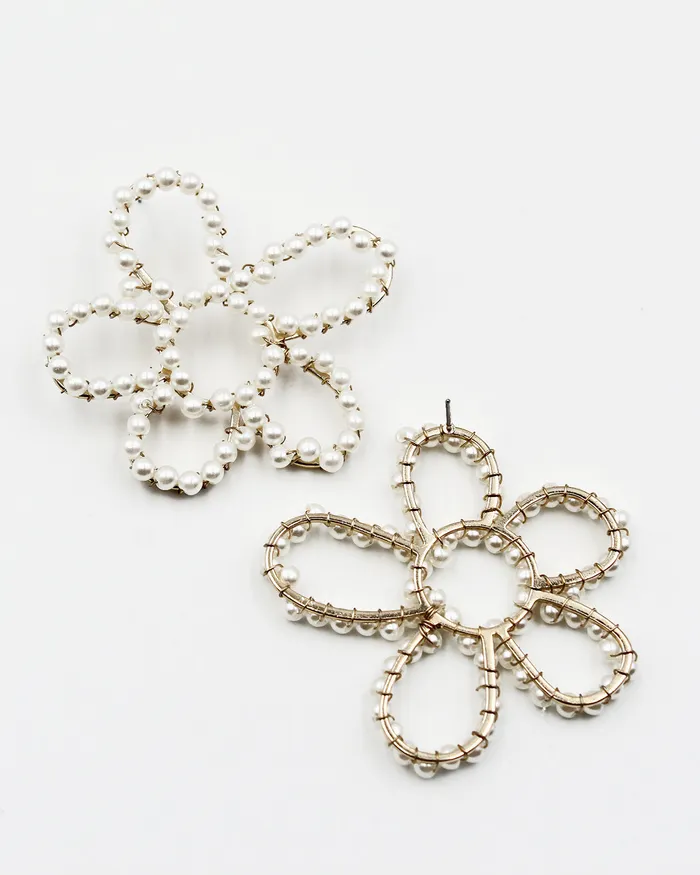 Metal Flower Earrings with Wired On Pearl Beads 01102024 Earrings Metal Flower Earrings with Wired On Pearl Beads 01102024 Earrings