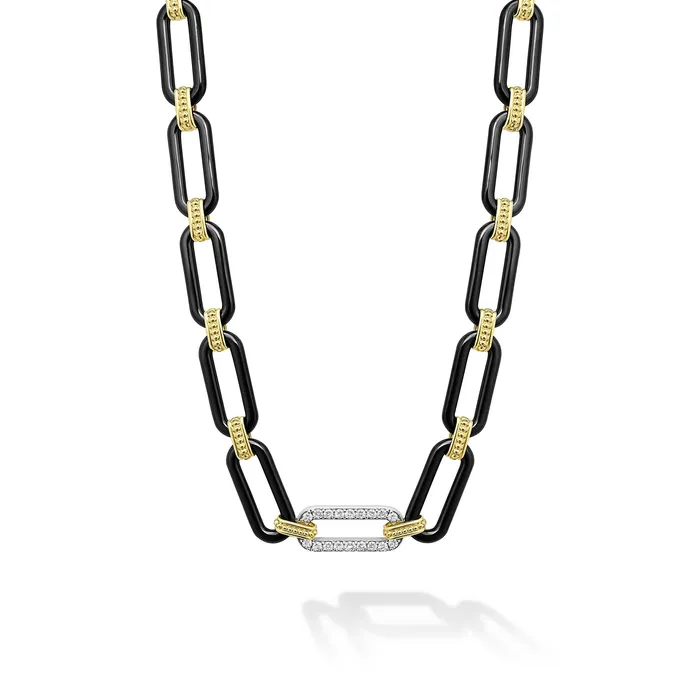 Necklaces LAGOS Signature Caviar 18K Gold and Black Ceramic Diamond Station Link Necklace 9mm Necklaces LAGOS Signature Caviar 18K Gold and Black Ceramic Diamond Station Link Necklace 9mm