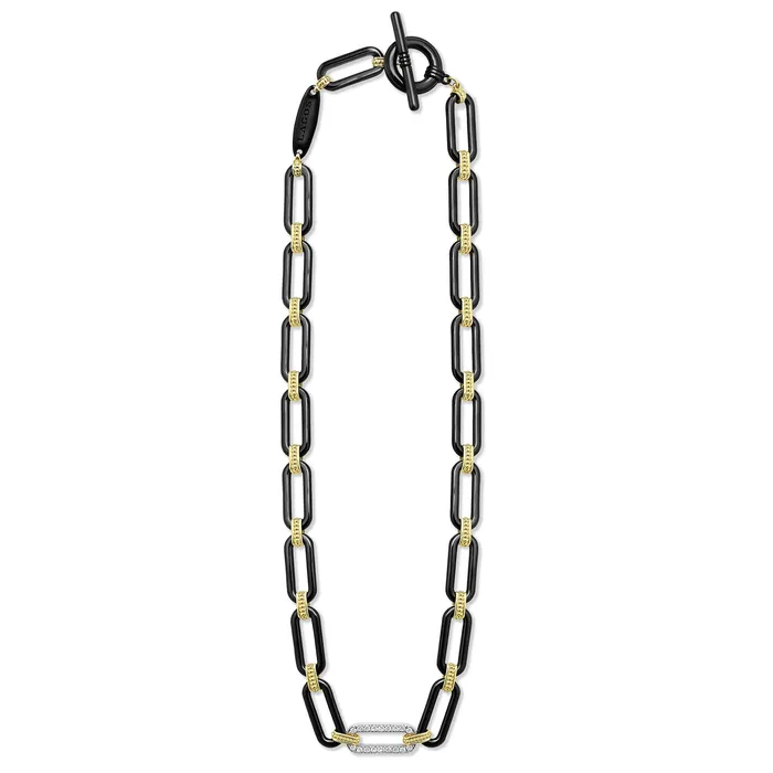 Necklaces LAGOS Signature Caviar 18K Gold and Black Ceramic Diamond Station Link Necklace 9mm Necklaces LAGOS Signature Caviar 18K Gold and Black Ceramic Diamond Station Link Necklace 9mm