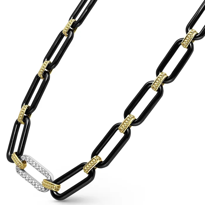 Necklaces LAGOS Signature Caviar 18K Gold and Black Ceramic Diamond Station Link Necklace 9mm Necklaces LAGOS Signature Caviar 18K Gold and Black Ceramic Diamond Station Link Necklace 9mm