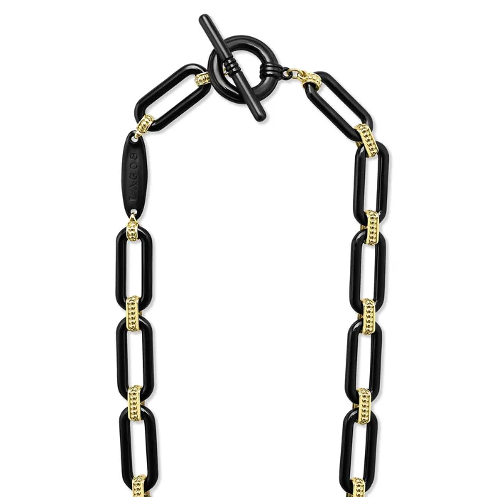Necklaces LAGOS Signature Caviar 18K Gold and Black Ceramic Diamond Station Link Necklace 9mm Necklaces LAGOS Signature Caviar 18K Gold and Black Ceramic Diamond Station Link Necklace 9mm