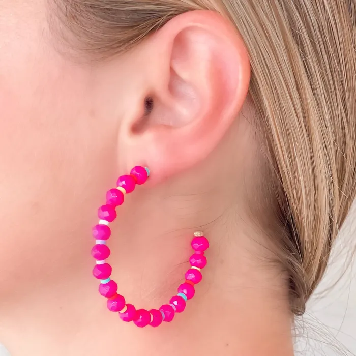 Prep Obsessed CT Earrings Rainbow Beaded Open Hoop Earrings Pink