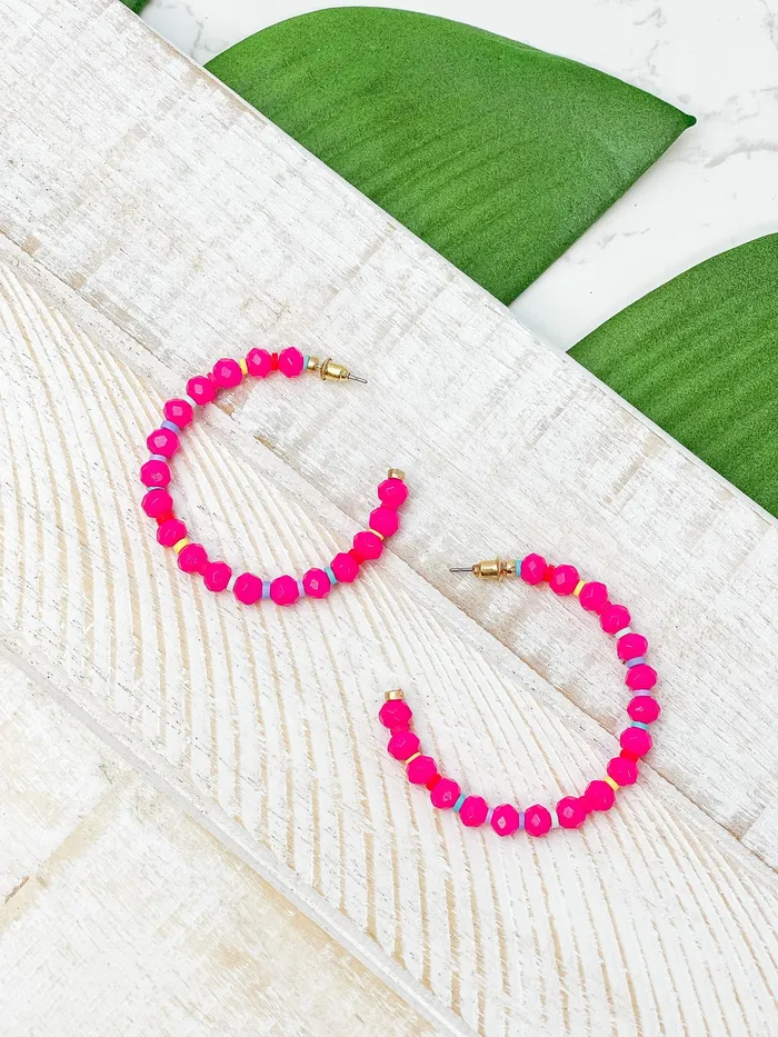Prep Obsessed CT Earrings Rainbow Beaded Open Hoop Earrings Pink