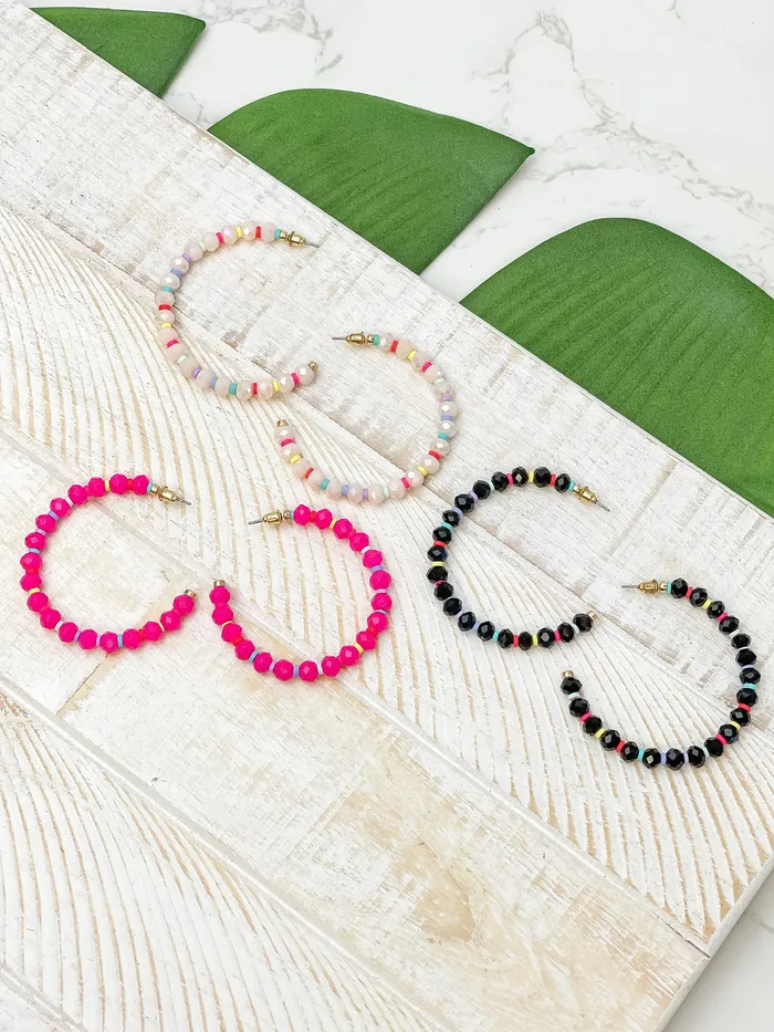 Prep Obsessed CT Earrings Rainbow Beaded Open Hoop Earrings Pink