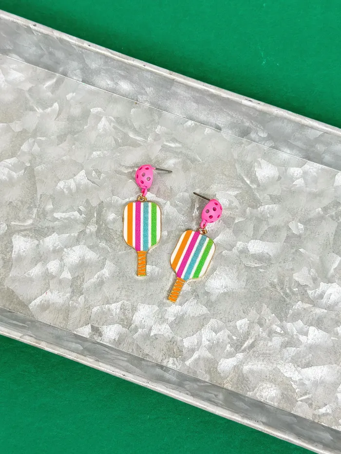Prep Obsessed ESS Earrings Enamel Pickleball Dangle Earrings Multi Stripe