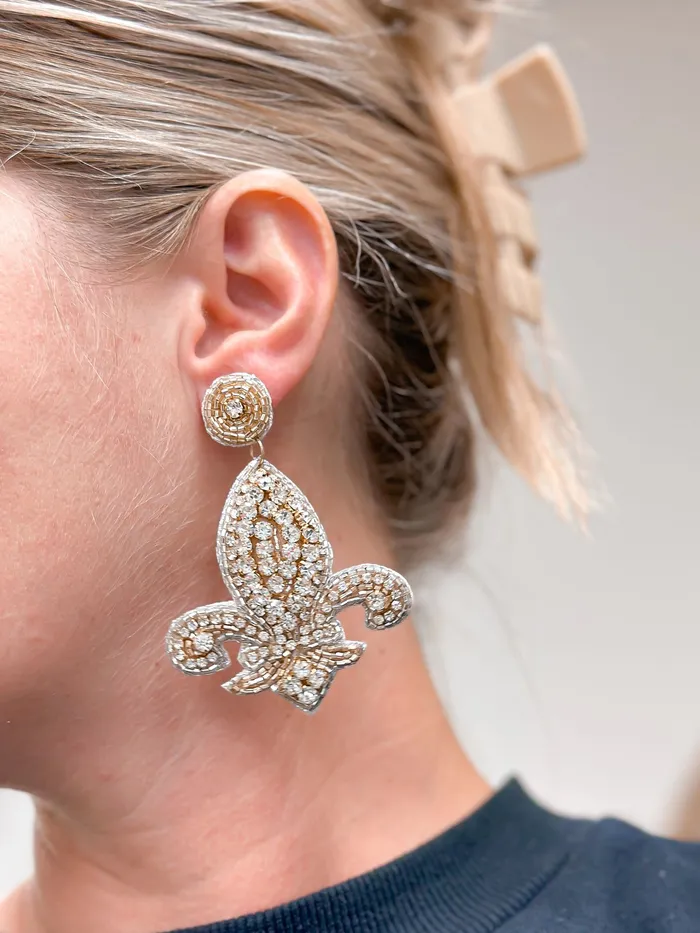 Prep Obsessed PR Earrings Rhinestone Fleur De Lis Statement Earrings
