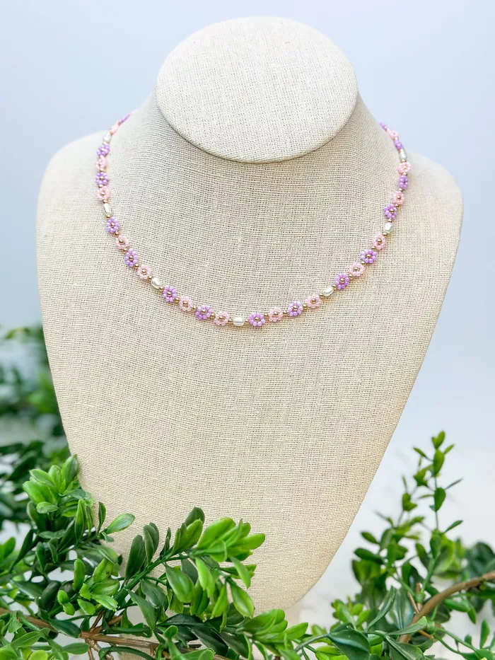 Prep Obsessed PR Necklaces Flower Beaded Necklace Pink Purple