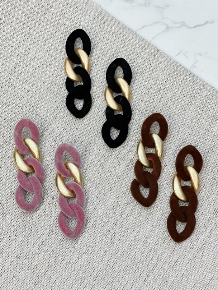 Prep Obsessed RNK Earrings Velvet Chain Link Dangle Earrings Brown