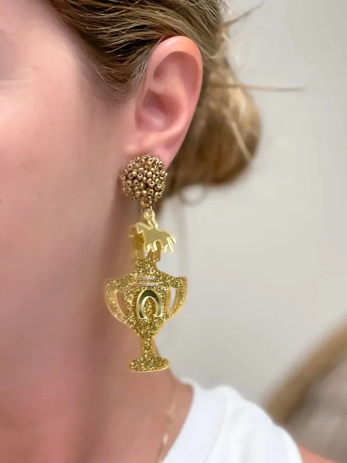 Prep Obsessed TL Earrings Gold Glitter Trophy Dangle Earrings