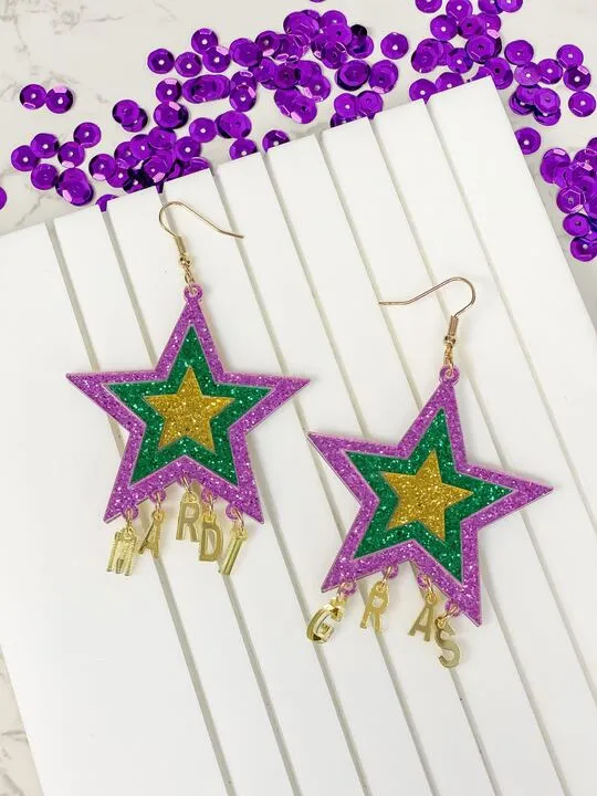 Prep Obsessed TL Mardi Gras Star Glitter Dangle Earrings Earrings
