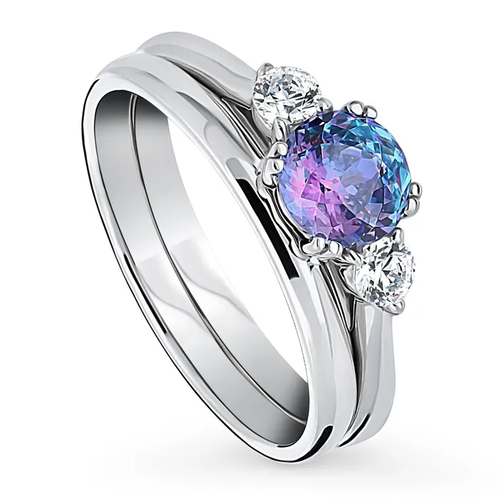 Rings BERRICLE 3Stone Kaleidoscope Purple Aqua CZ Ring Set in Sterling Silver