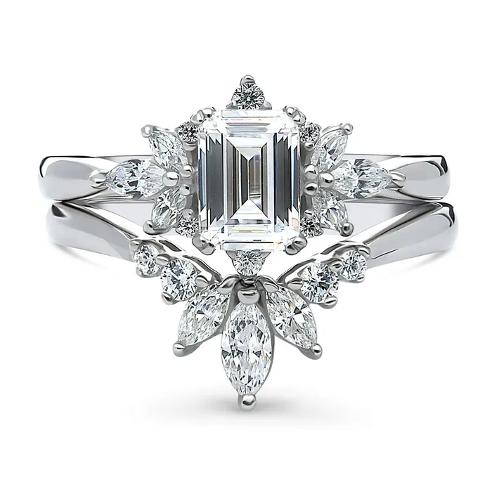 Rings BERRICLE Art Deco Flower CZ Stackable Ring Set in Sterling Silver