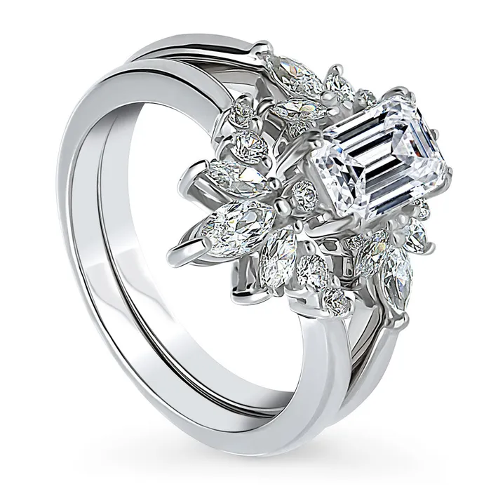 Rings BERRICLE Art Deco Flower CZ Stackable Ring Set in Sterling Silver