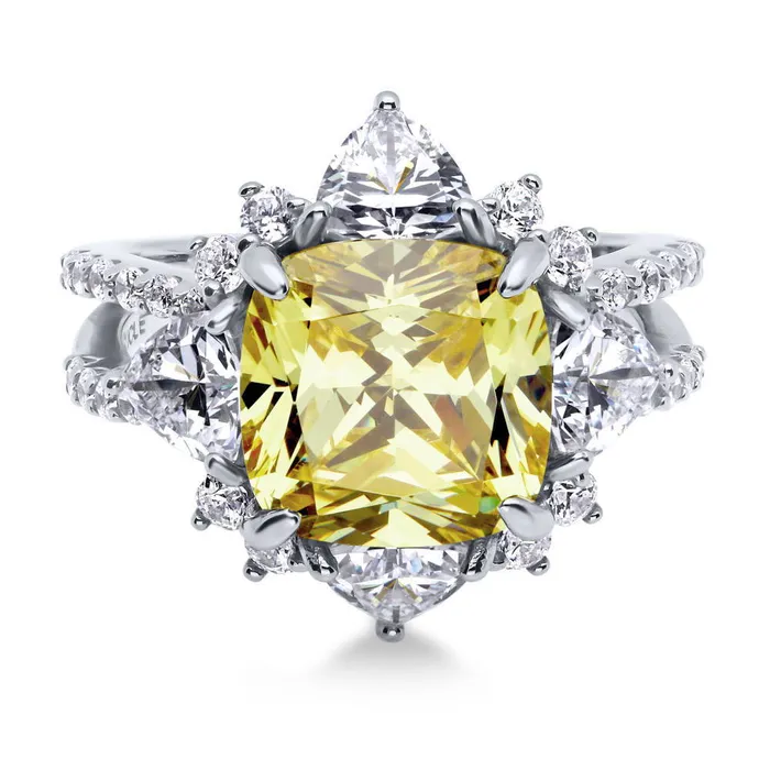 Rings BERRICLE Halo Flower Canary Yellow CZ Split Shank Ring in Sterling Silver