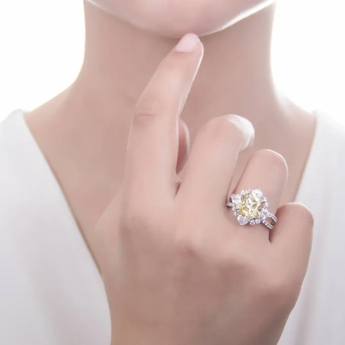 Rings BERRICLE Halo Flower Canary Yellow CZ Split Shank Ring in Sterling Silver