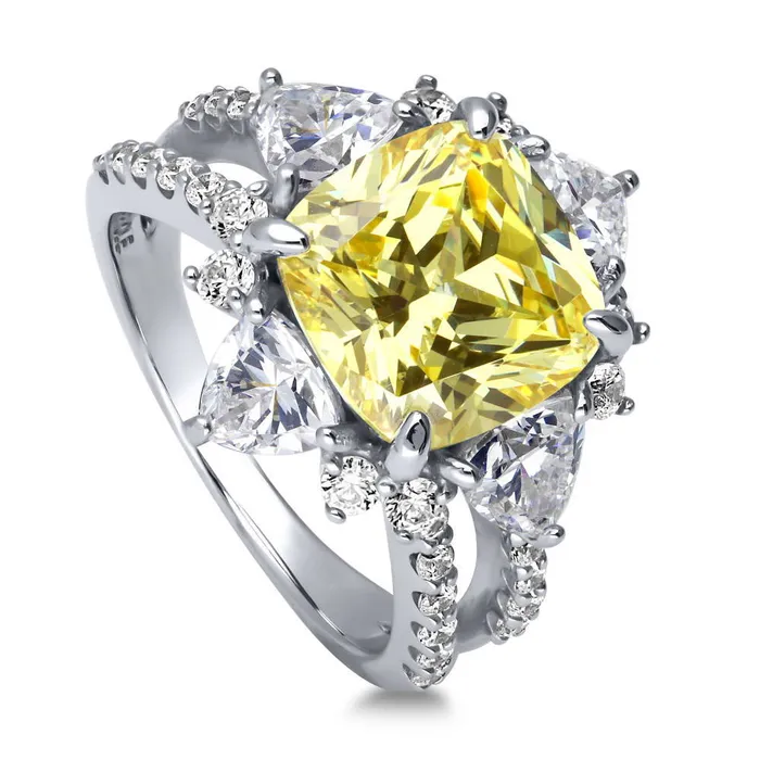 Rings BERRICLE Halo Flower Canary Yellow CZ Split Shank Ring in Sterling Silver