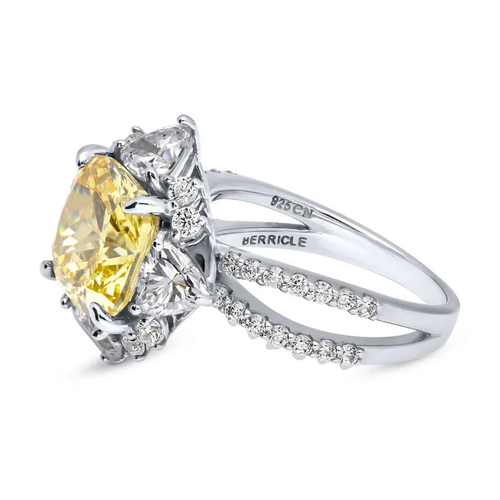 Rings BERRICLE Halo Flower Canary Yellow CZ Split Shank Ring in Sterling Silver