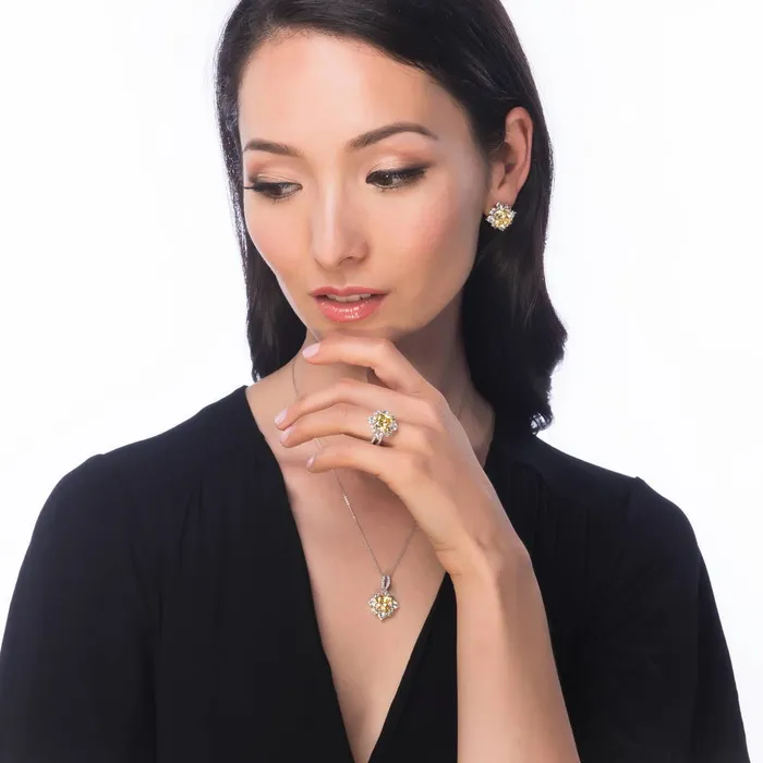 Rings BERRICLE Halo Flower Canary Yellow CZ Split Shank Ring in Sterling Silver