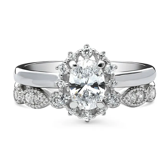 Rings Halo Milgrain Oval CZ Ring Set in Sterling Silver BERRICLE