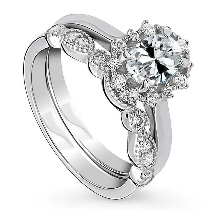 Rings Halo Milgrain Oval CZ Ring Set in Sterling Silver BERRICLE