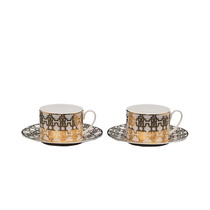 Roberto Cavalli Roberto Cavalli Monogram Gold Luxury box Set 2 Pcs Tea Cup Saucer PreStyled Sets Roberto Cavalli Roberto Cavalli Monogram Gold Luxury box Set 2 Pcs Tea Cup Saucer PreStyled Sets