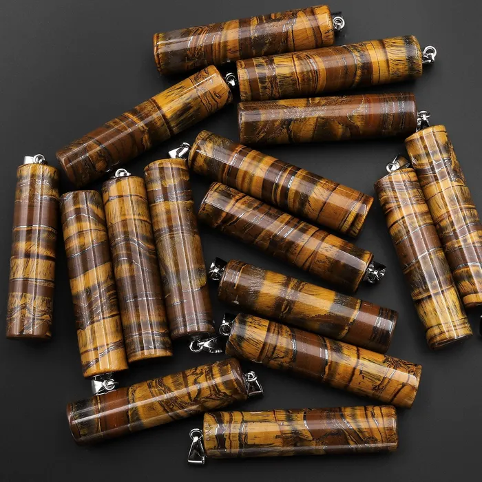 AAA Natural Golden Chatoyant Tigers Eye Long Cylinder Pendant Natural Crystal Focal Bead Intrinsic Trading Necklaces