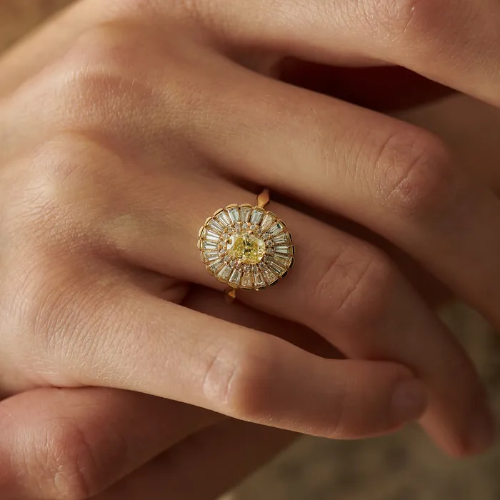 ARTEMER Rings Daisy Engagement Ring Fancy Yellow Diamond and Baguette Diamond Ring