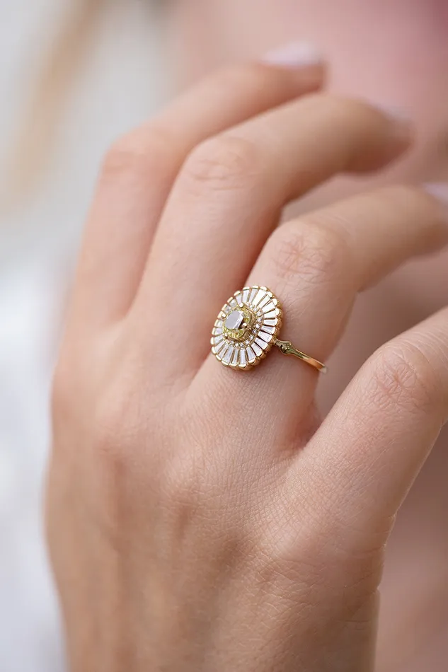 ARTEMER Rings Daisy Engagement Ring Fancy Yellow Diamond and Baguette Diamond Ring