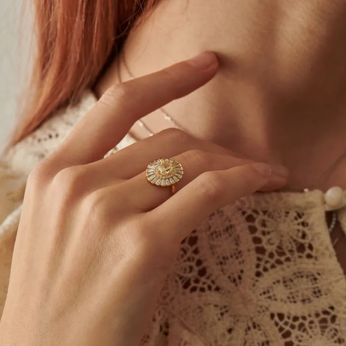 ARTEMER Rings Daisy Engagement Ring Fancy Yellow Diamond and Baguette Diamond Ring