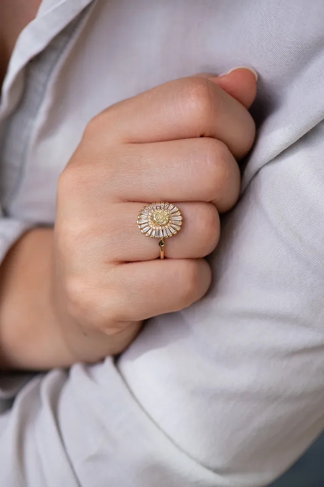 ARTEMER Rings Daisy Engagement Ring Fancy Yellow Diamond and Baguette Diamond Ring