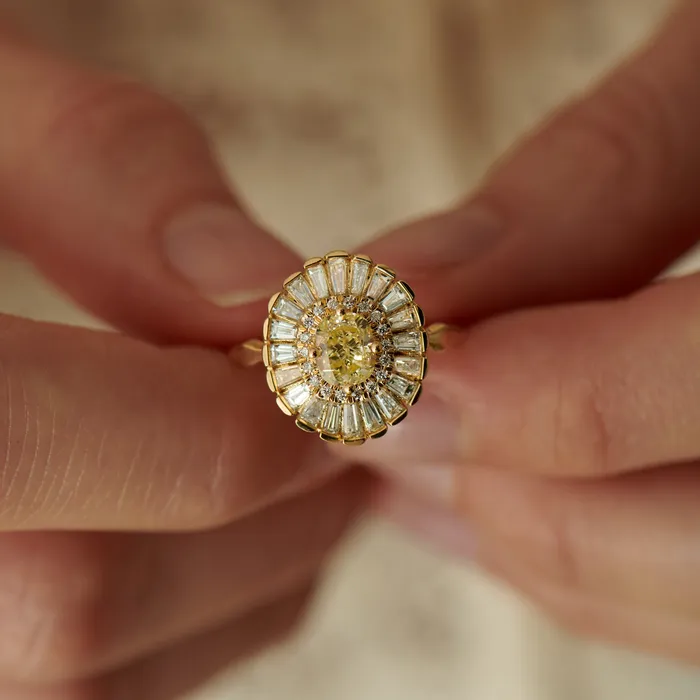 ARTEMER Rings Daisy Engagement Ring Fancy Yellow Diamond and Baguette Diamond Ring