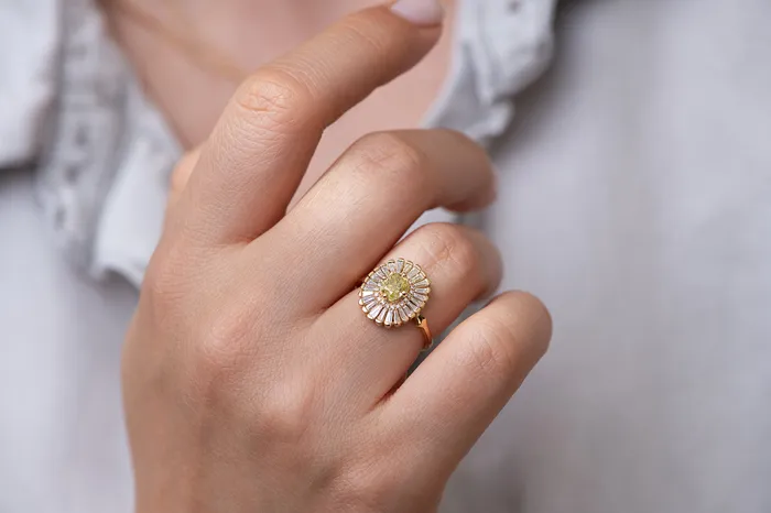 ARTEMER Rings Daisy Engagement Ring Fancy Yellow Diamond and Baguette Diamond Ring