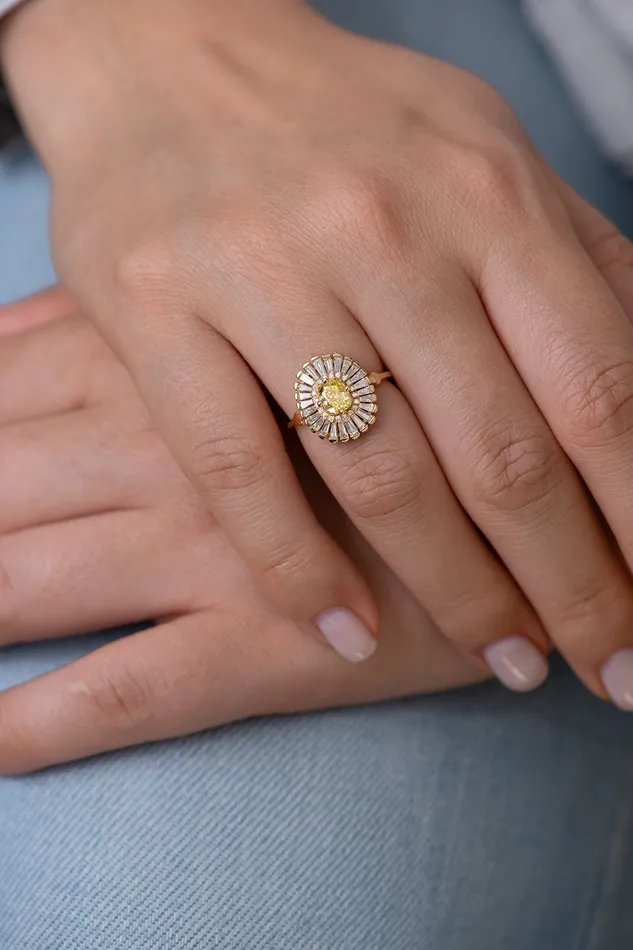 ARTEMER Rings Daisy Engagement Ring Fancy Yellow Diamond and Baguette Diamond Ring