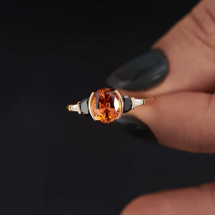 ARTEMER Rings Jupiter Orange Spessartite Garnet Black Diamond Engagement Ring