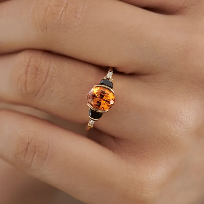 ARTEMER Rings Jupiter Orange Spessartite Garnet Black Diamond Engagement Ring
