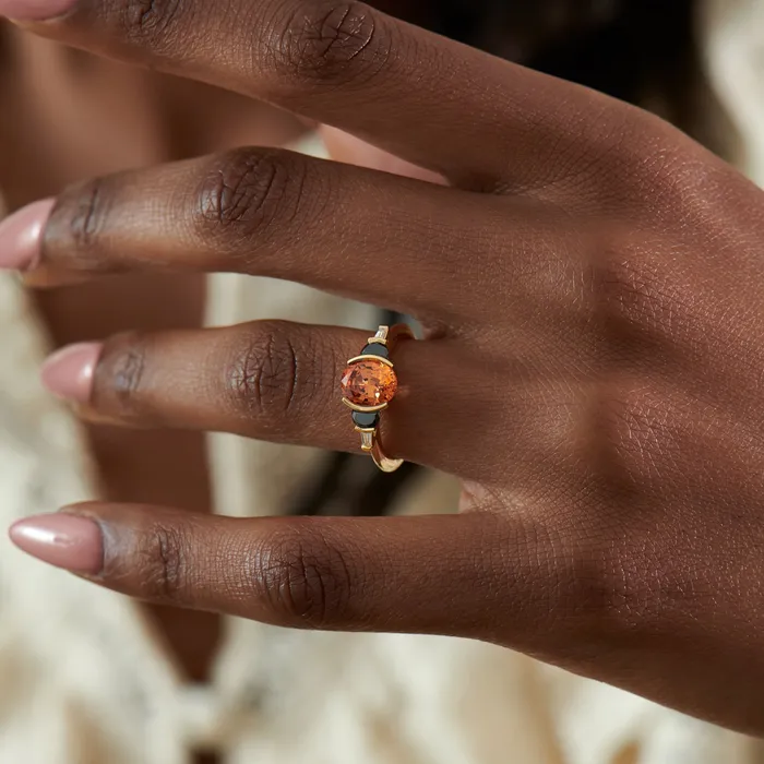 ARTEMER Rings Jupiter Orange Spessartite Garnet Black Diamond Engagement Ring