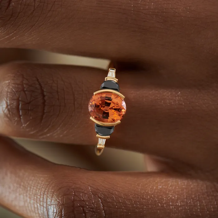 ARTEMER Rings Jupiter Orange Spessartite Garnet Black Diamond Engagement Ring
