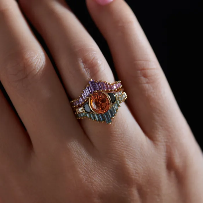 ARTEMER Rings Jupiter Orange Spessartite Garnet Black Diamond Engagement Ring