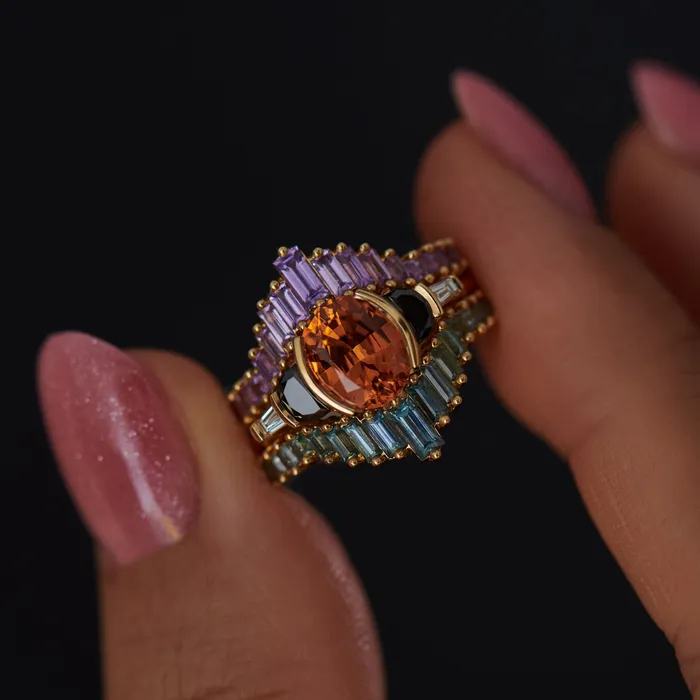 ARTEMER Rings Jupiter Orange Spessartite Garnet Black Diamond Engagement Ring