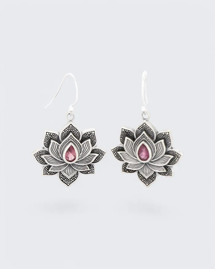 Buddha Groove Earrings Blooming Lotus Pink Tourmaline Earrings