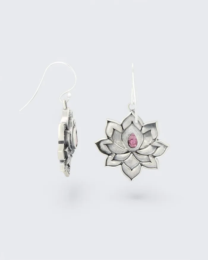 Buddha Groove Earrings Blooming Lotus Pink Tourmaline Earrings